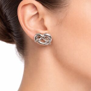 Vintage Pretzel Knot Clip On Earrings Silver Tone Shiny Mid Century Chunky